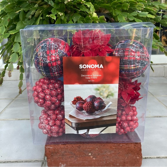 Sonoma Holiday Decorative Spheres 9 Vase Filler Red Plaid Berries Poinsettia NEW - Picture 2 of 10